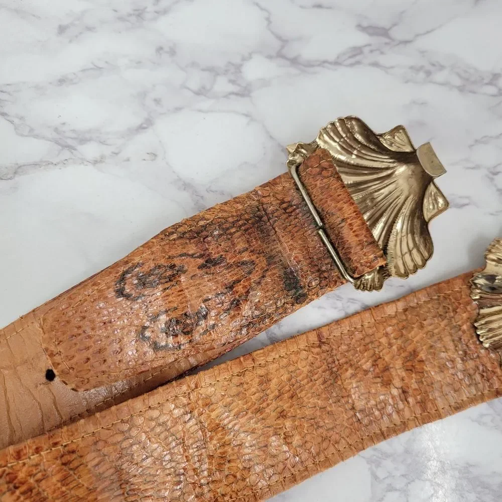 Vintage Snakeskin Leather Belt with Gold Toned Shell Buckle with Smokey Gems